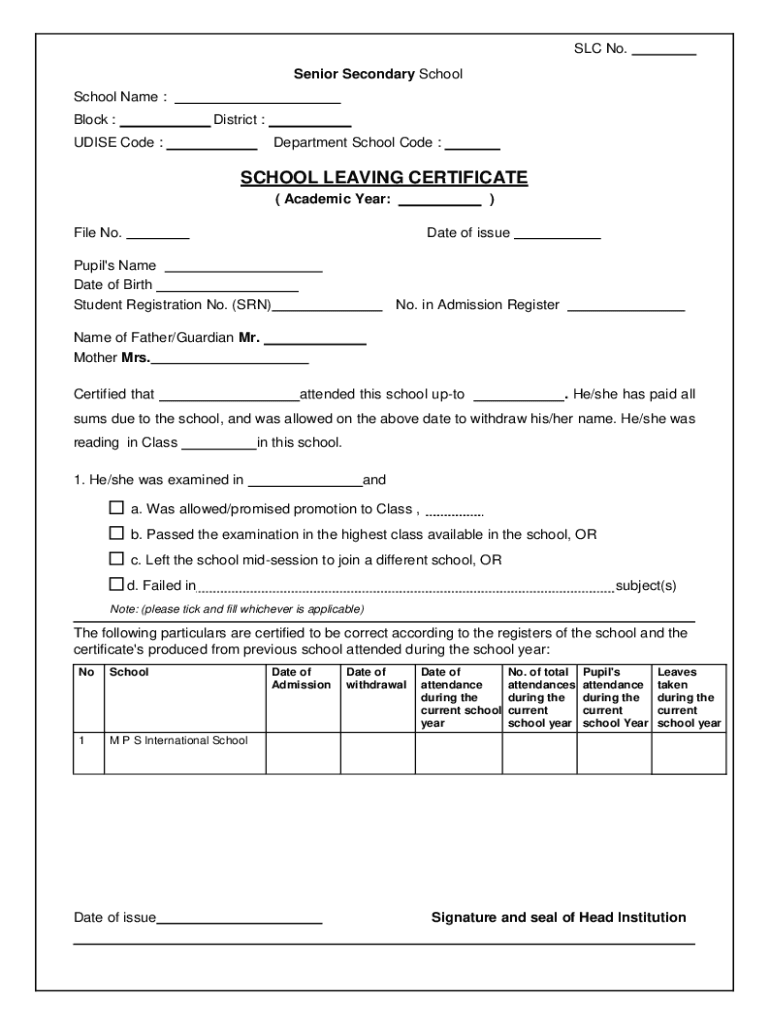 Fillable Online School Leaving Certificate Format and Sample Fax Email