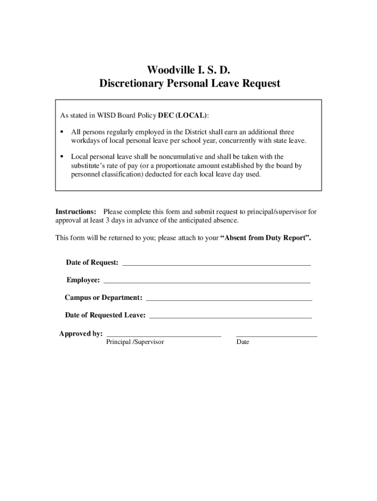 Fillable Online Woodville ISD Discretionary Personal Leave Request Fax Fillable Online Woodville ISD Discretionary Personal Leave Request Fax