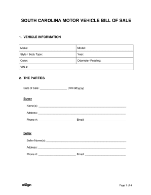 South Carolina Motor Vehicle Bill of Sale