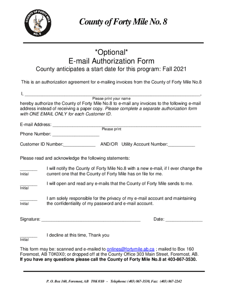 Fillable Online County of Forty Mile No. 8 Email Authorization Form