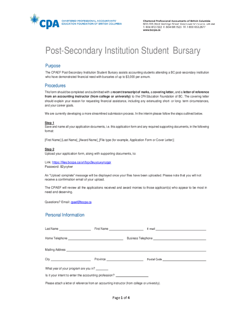 Fillable online post secondary institution student bursary fax email