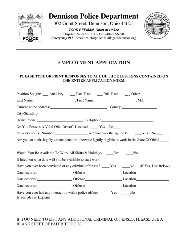 Fillable Online Dennison Police Department has an opening for a Full time Fax Email Print