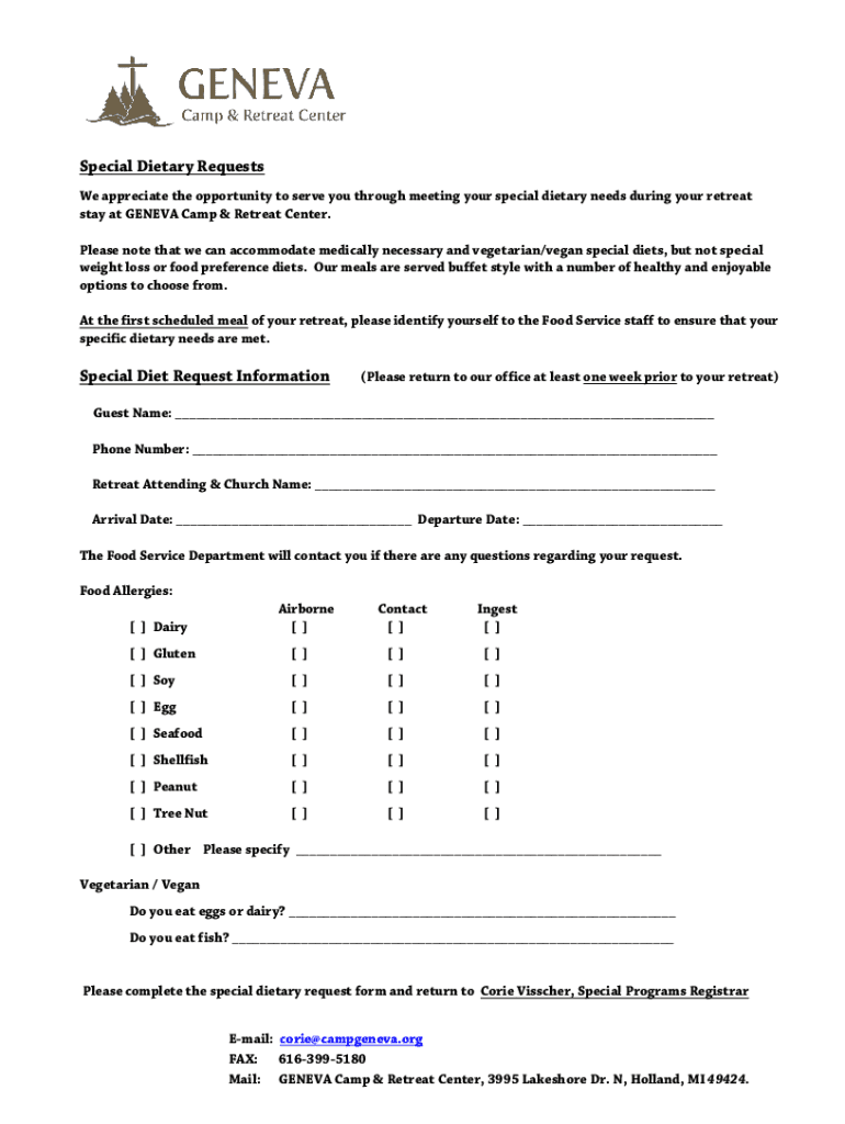 Fillable Online UPDATED, Special Dietary Request Form.doc Fax Email