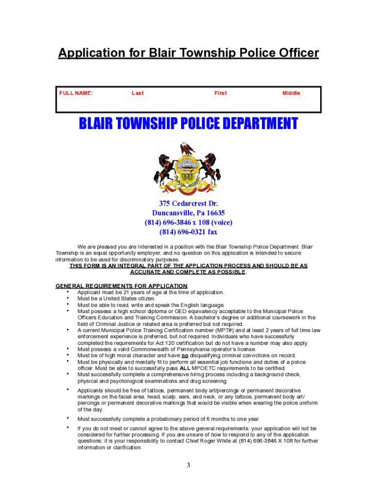 Fillable Online Blair Township Police Department PA Contacts and