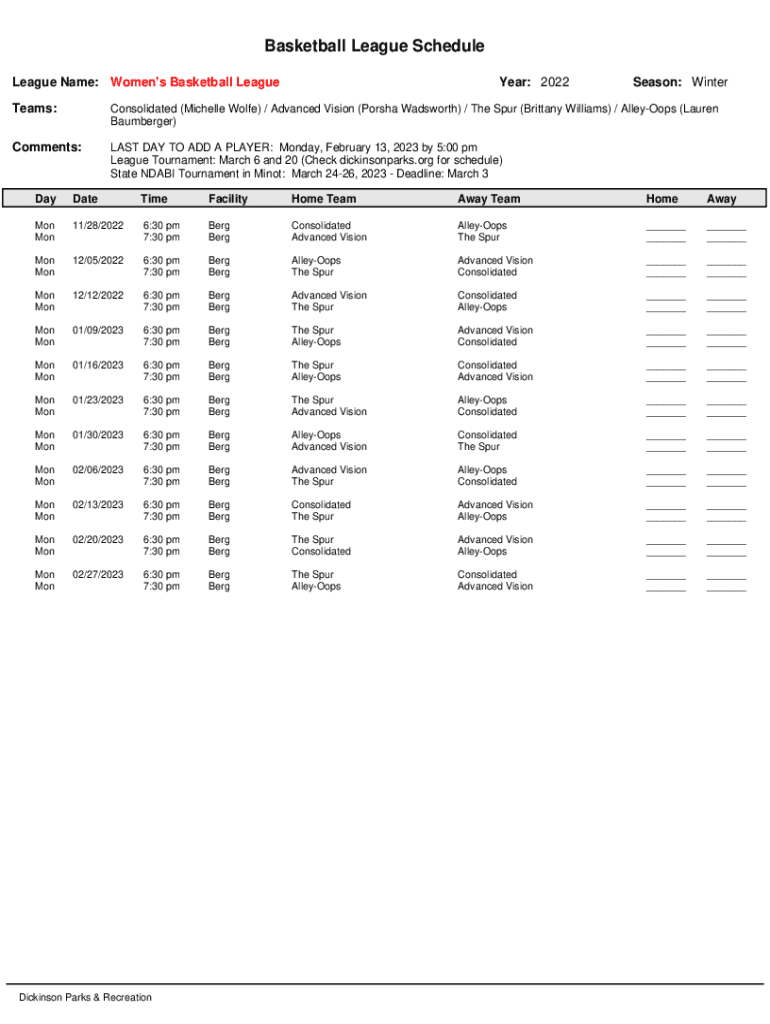 Fillable Online Basketball League Schedule. ? Fax Email Print pdfFiller