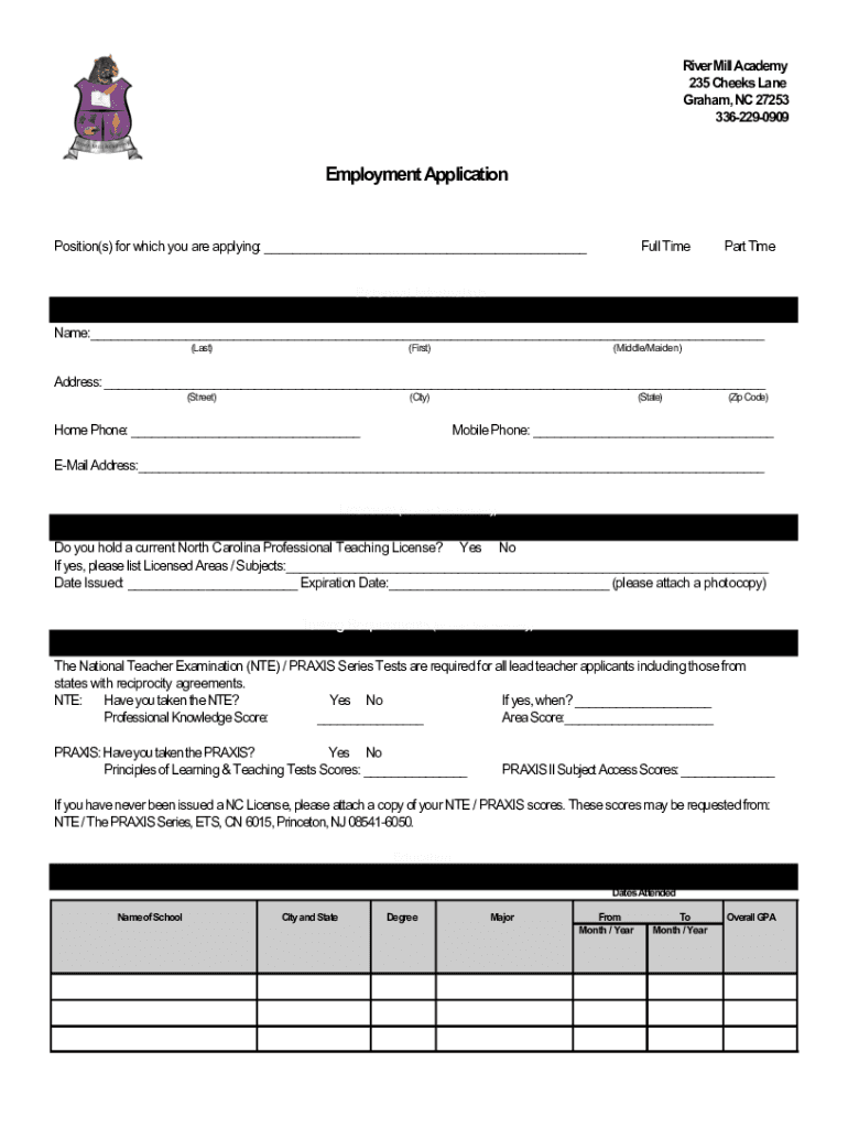 Fillable Online River Mill Academy, 235 Cheeks Ln, Graham, NC, Schools