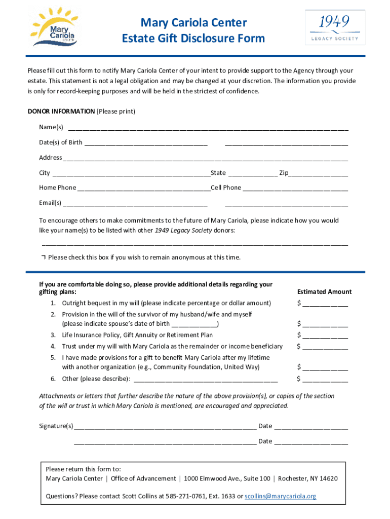 Fillable Online Mary Cariola Center Estate Gift Disclosure Form Fax