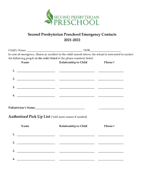 Emergency Contacts and Pick Up List