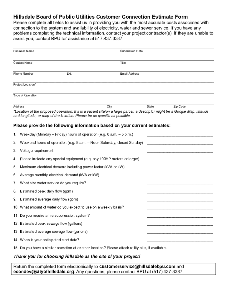 Fillable Online Hillsdale Board of Public Utilities Customer Connection