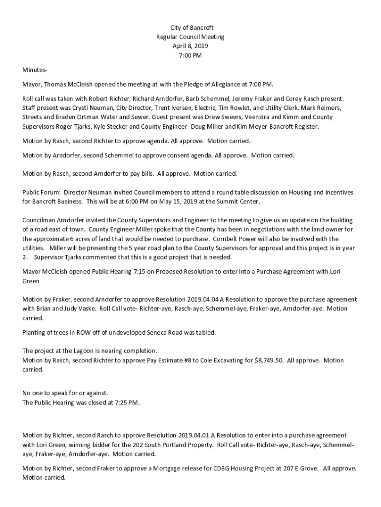 Fillable Online Roll call was taken with Robert Richter, Richard ...