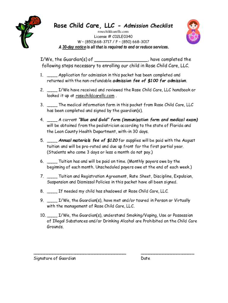 Fillable Online new student app.doc Rose Child Care LLC Admission
