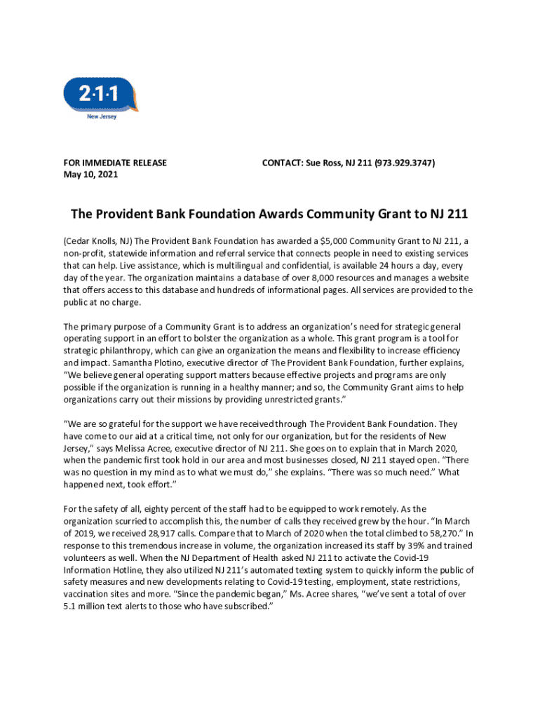 Fillable Online The Provident Bank Foundation Awards Community Grant
