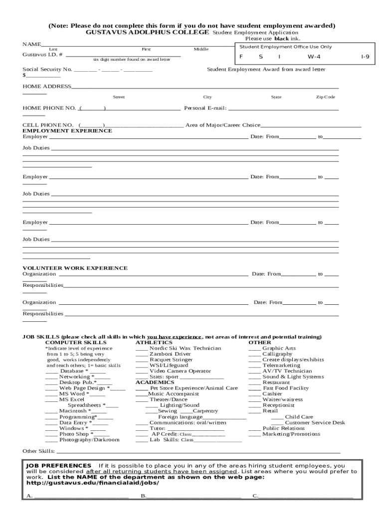 student employment agreement gustavus adolphus college Doc Template pdfFiller