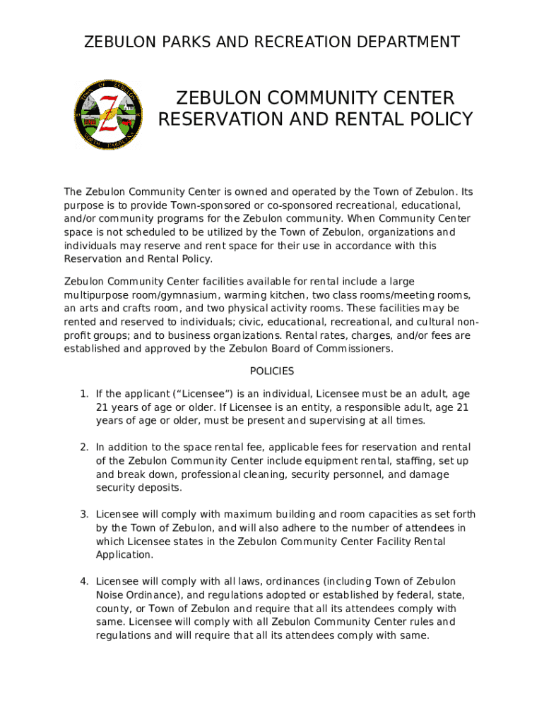 Zebulon Community Center Facility Rental Application Doc Template
