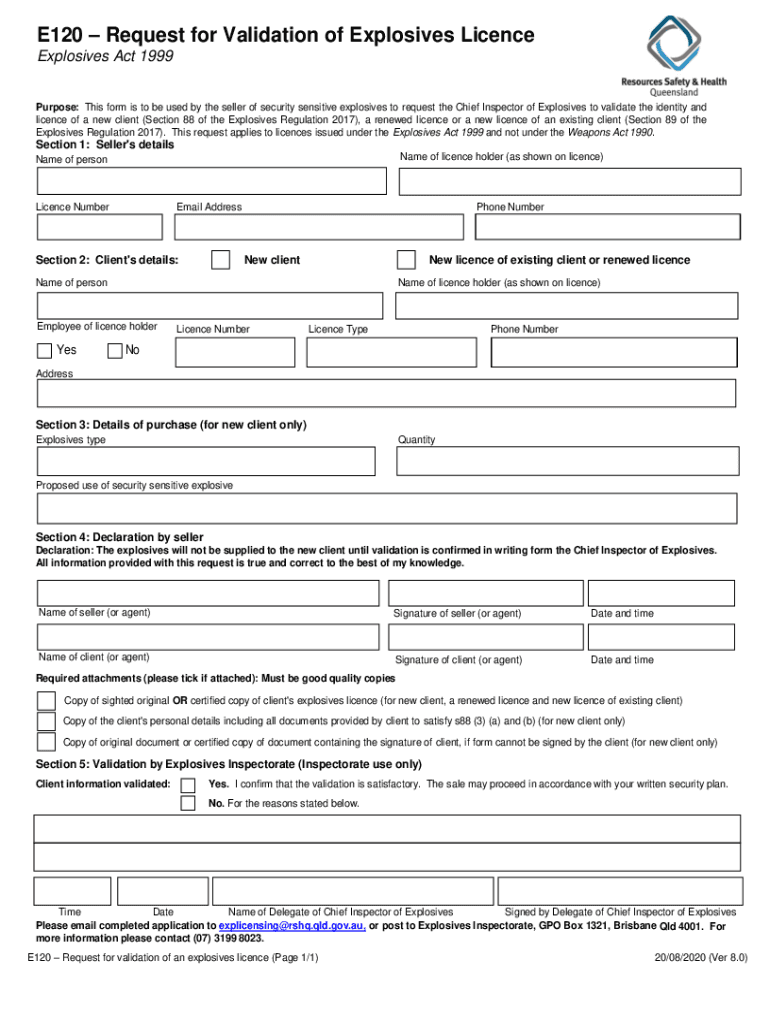 Fillable Online E120 Request for Validation of Explosives(00)