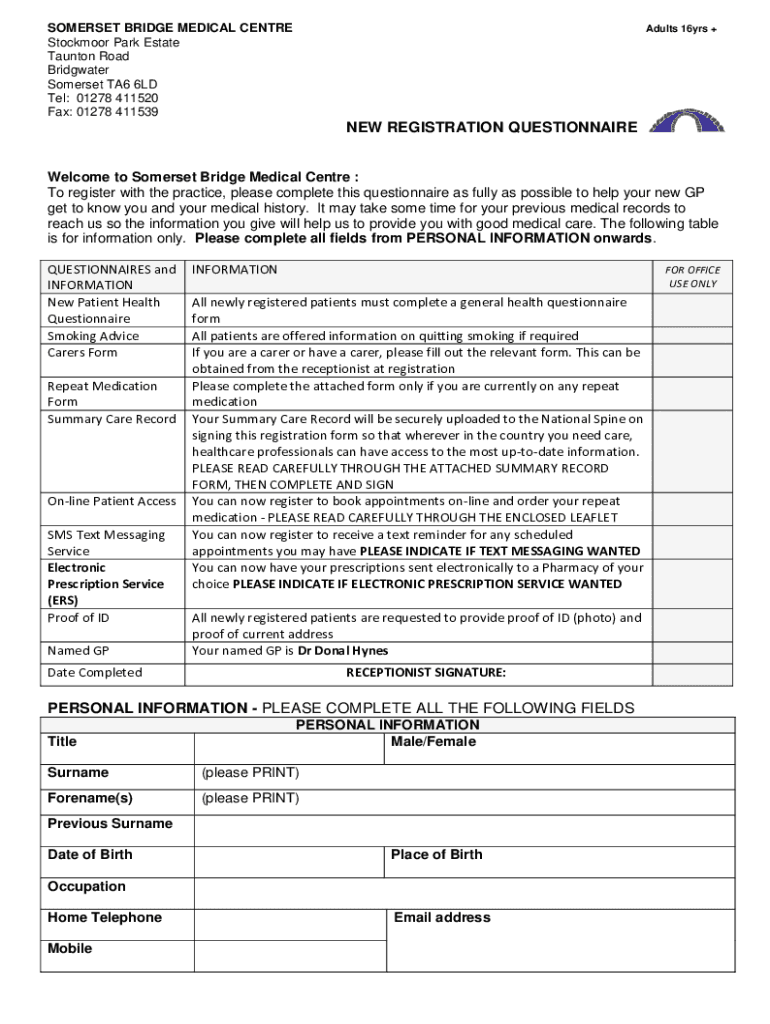 Fillable Online Bridgwater Somerset Bridge Medical Centre Health