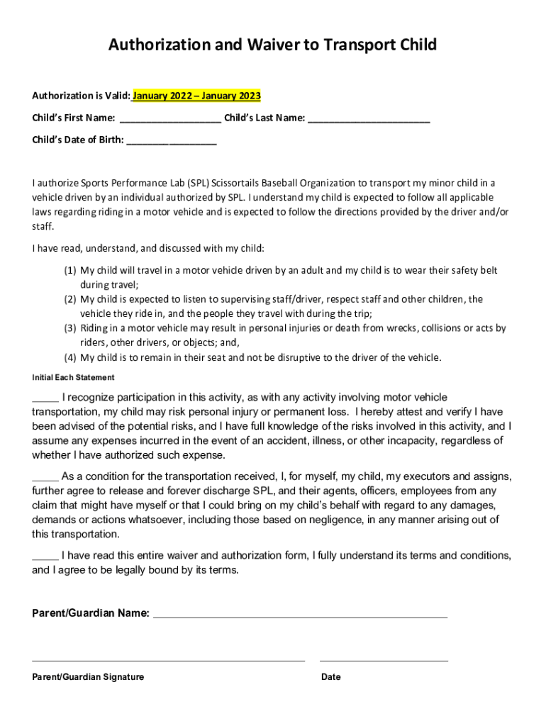 Fillable Online Fillable Authorization and Waiver to Transport Child