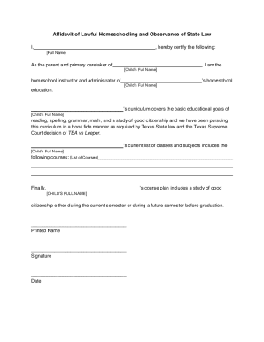 Fillable Online Affidavit of Lawful Homeschooling and Observance of ...