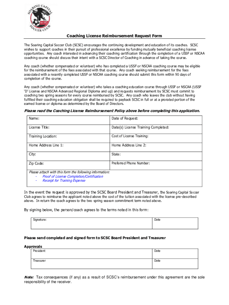 Fillable Online Coaching License Reimbursement Request Form Fax Email
