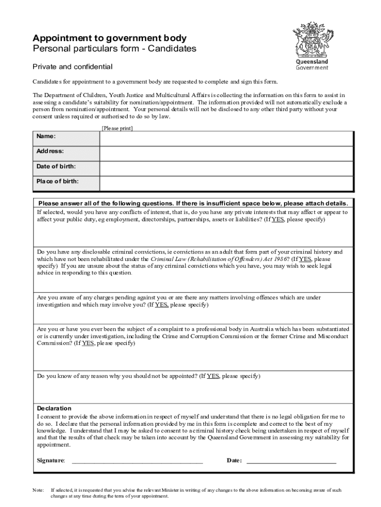 Fillable Online Personal particulars form candidates. Appointment to government body Fax Email