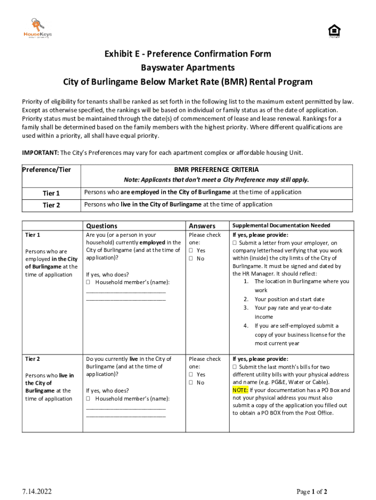 Fillable Online Preference Confirmation Form Bayswater Apartments City