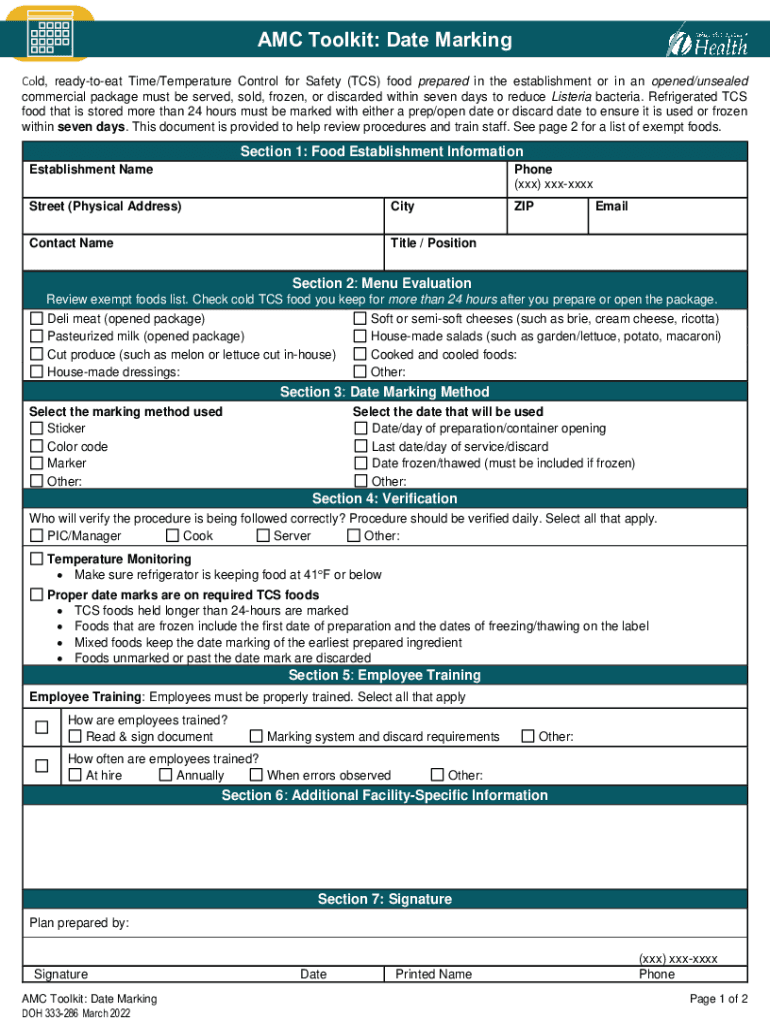 Fillable Online Date Marking ReadytoEat, Time and Temperature Control