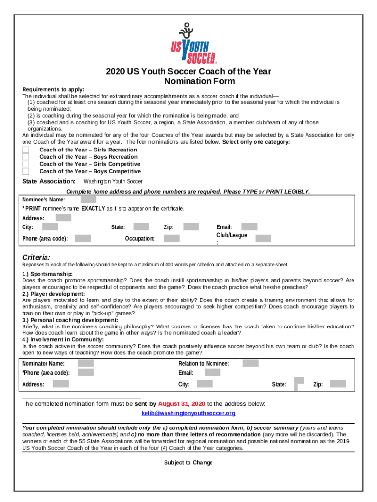 2020 US Youth Soccer Coach of the Year Doc Template pdfFiller