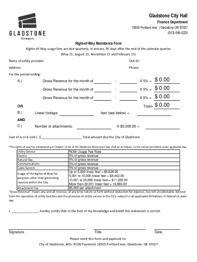 Fillable Online RightsofWay Remittance Form City of Gladstone