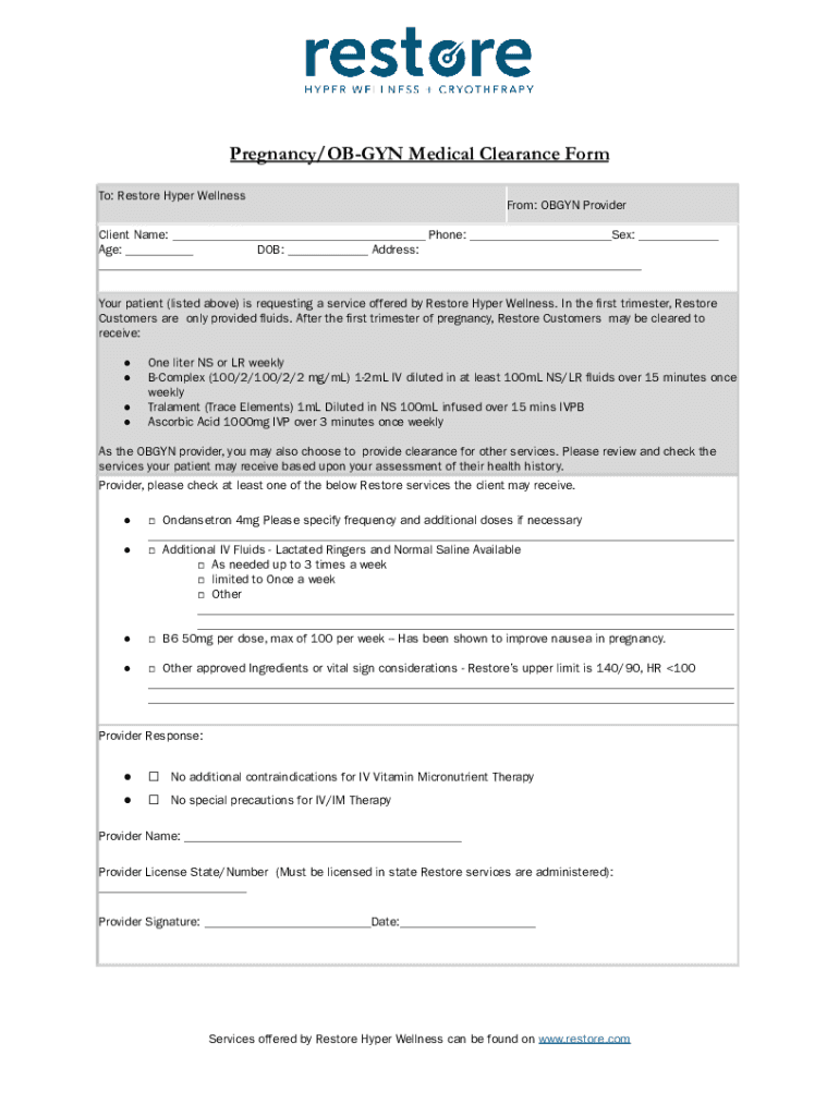 Fillable Online Pregnancy Medical Clearance for Restore Services Fax ...
