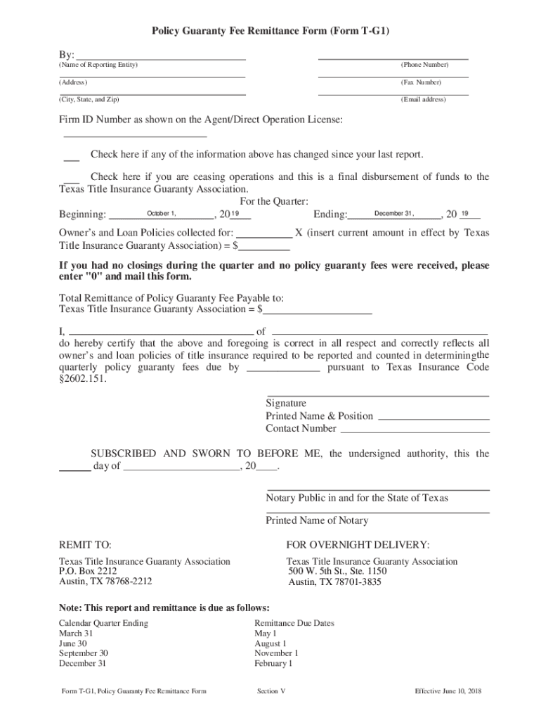 Fillable Online Get the free policy guaranty fee remittance from t g1