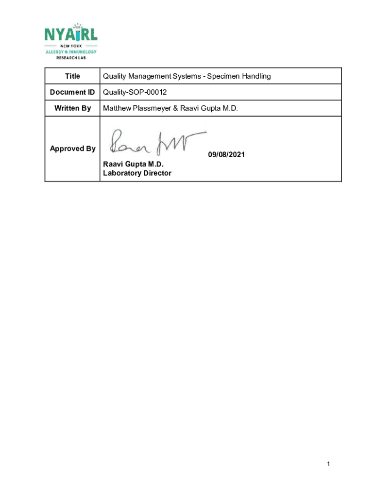 Fillable Online Specimen Handling Document ID QualitySOP00012 Fax