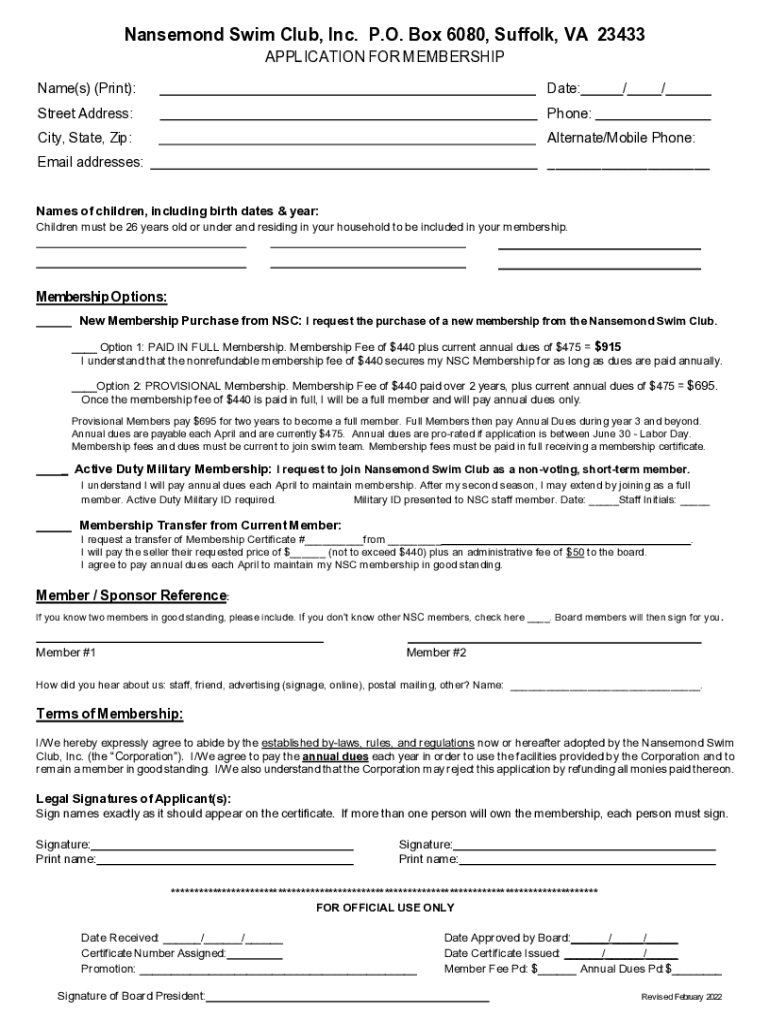 Fillable Online Nansemond Swim Club, 8907 Eclipse Dr, Suffolk, VA