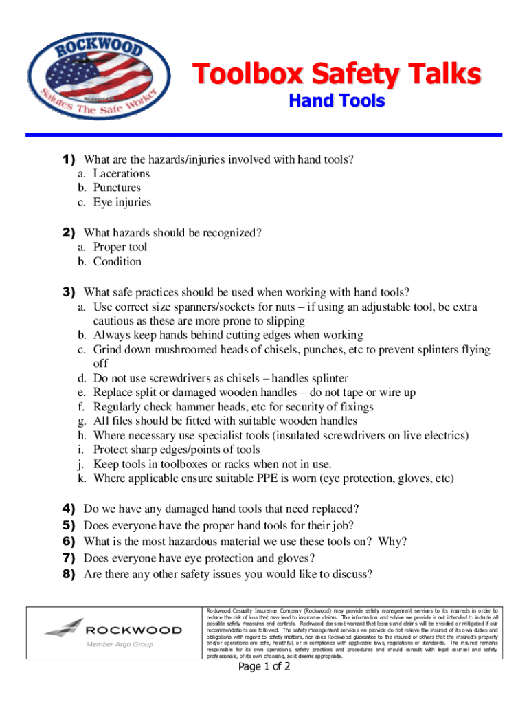 Fillable Online AZ Safety Talk On Hand Tool Inspections And Hazards