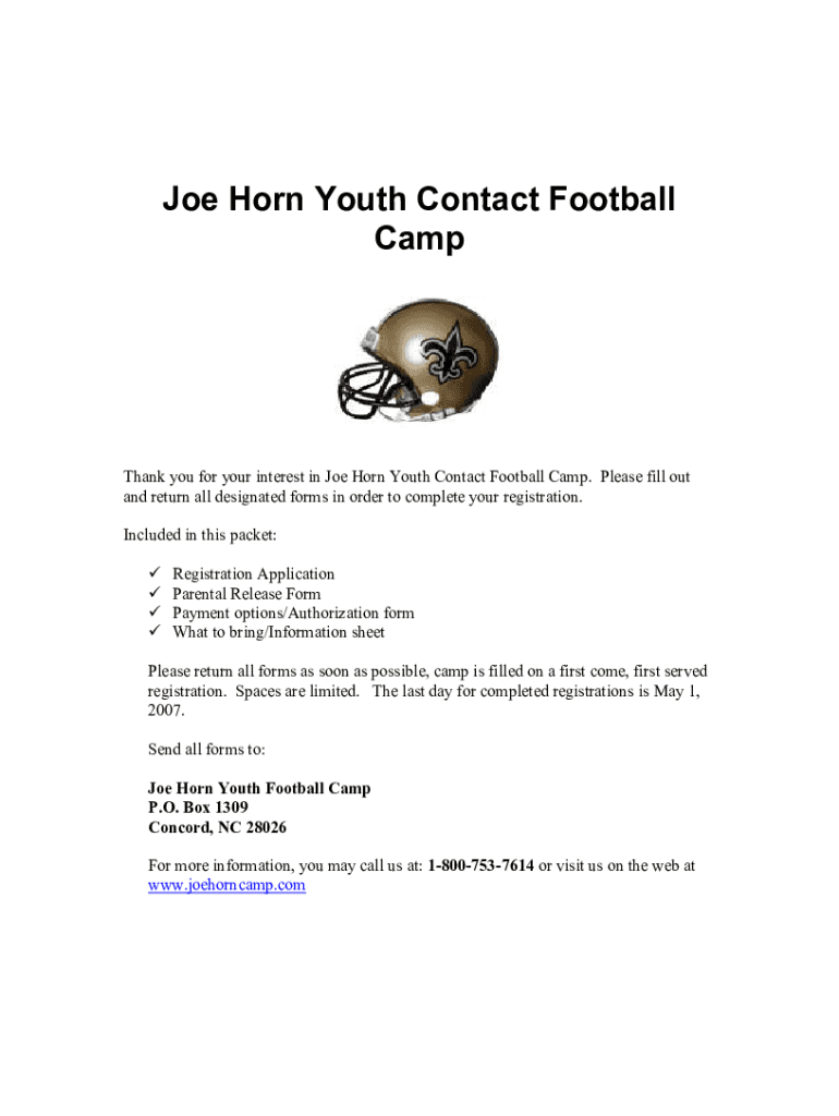Fillable Online Joe Horn Youth Contact Football Camp Fax Email Print