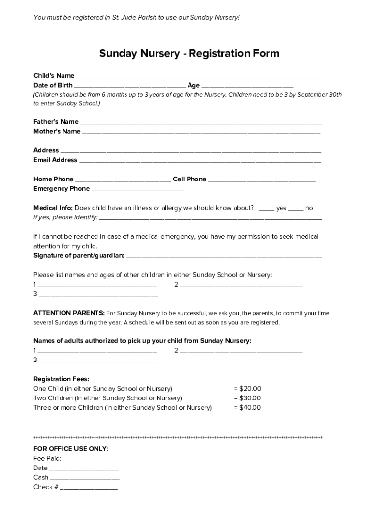 Fillable Online FCCS Sunday School/Nursery Registration Form Fax Email