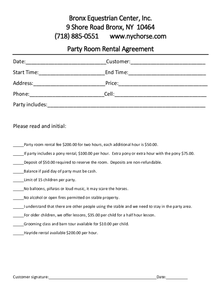 Fillable Online Party Room Rental Agreement Fax Email Print pdfFiller