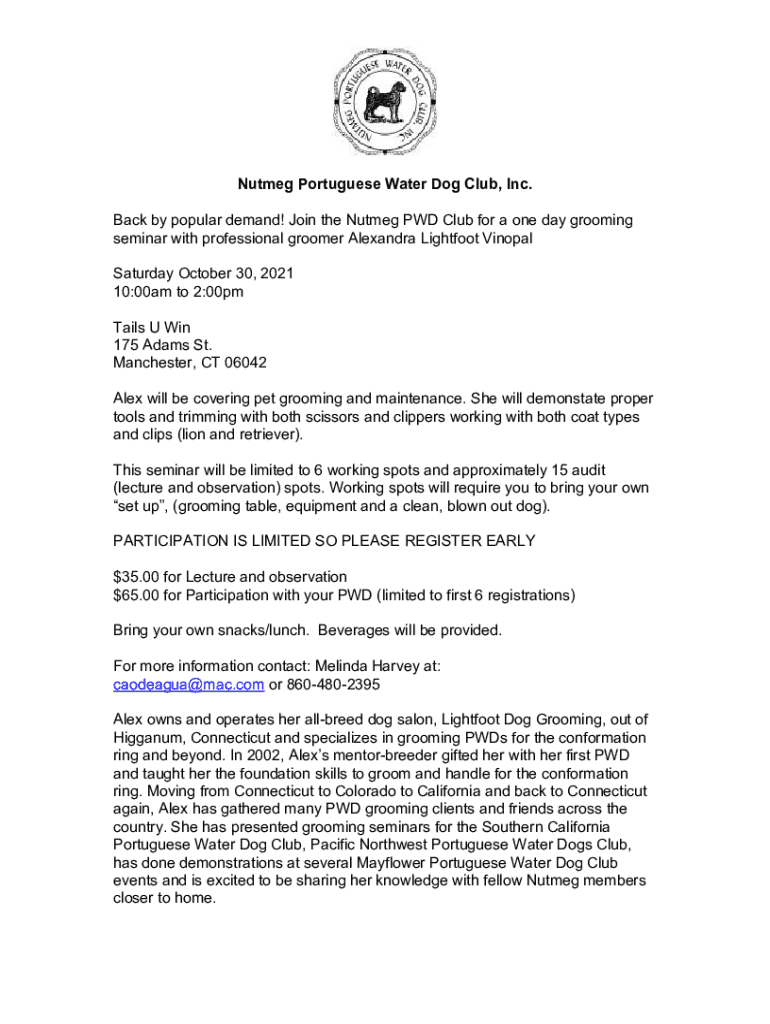 Fillable Online Nutmeg Portuguese Water Dog Club, Inc. Fax Email Print pdfFiller