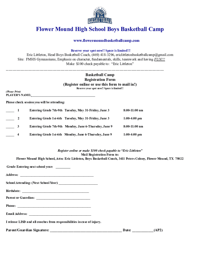 Fillable Online FMHS Summer Boys Basketball Camp... McKamy Middle