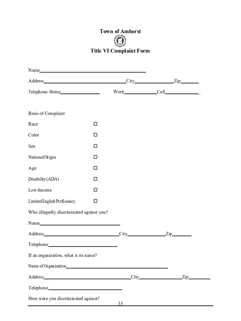 Fillable Online Town of Amherst Title VI Complaint Form Fax Email Print