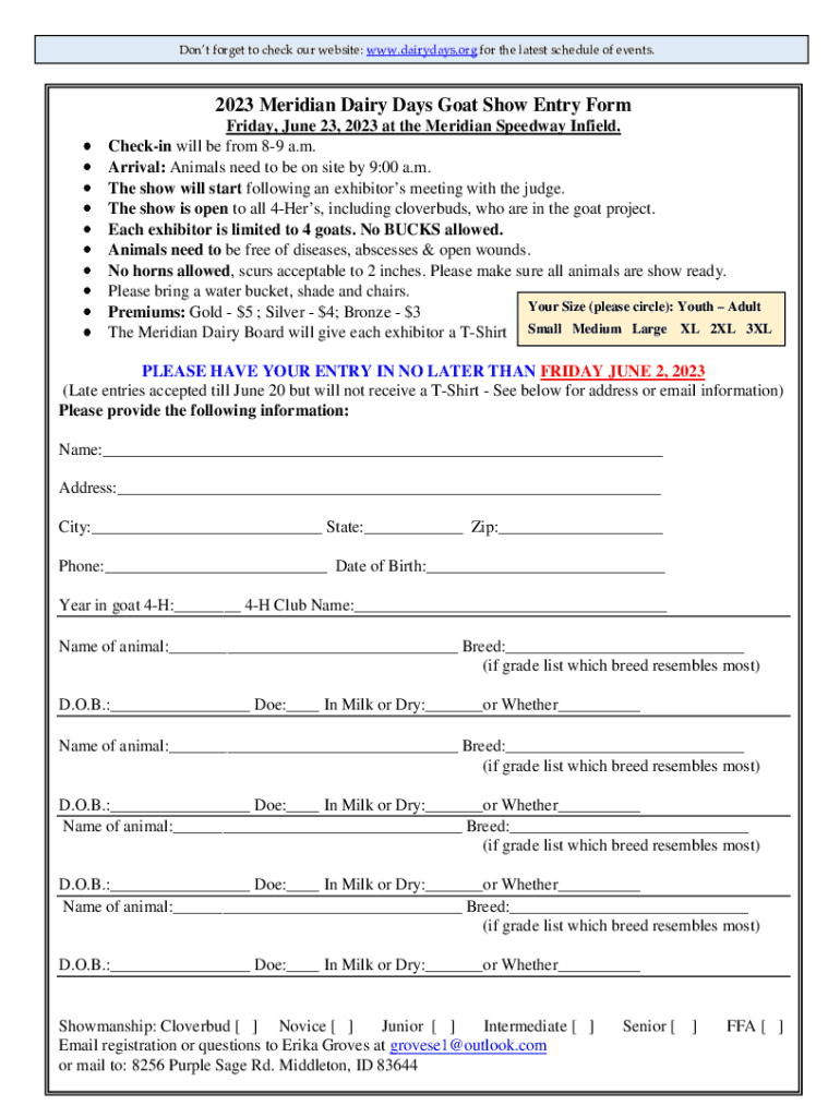 Fillable Online 2023 Meridian Dairy Days Goat Show Entry Form Fax Email Print pdfFiller