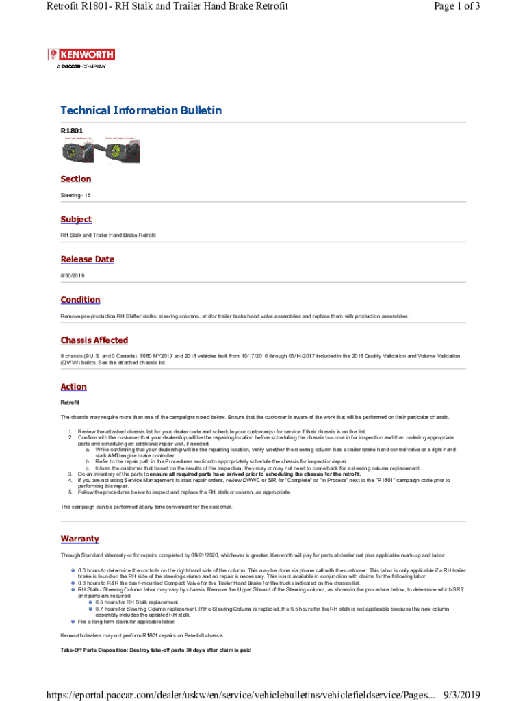 Fillable Online RH Stalk and Trailer Hand Brake Retrofit 9/3/2019 NHTSA