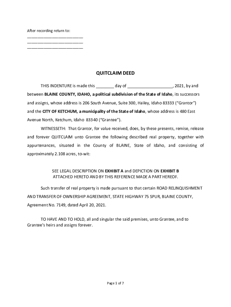 Fillable Online QUITCLAIM DEED Blaine County Fax Email Print pdfFiller