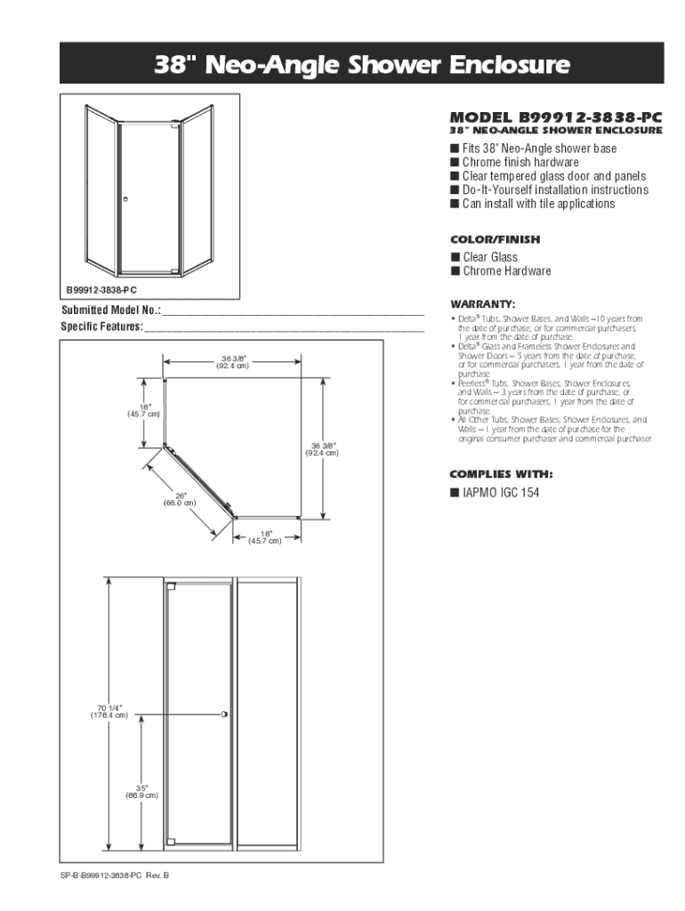 Fillable Online 38'' NeoAngle Shower Base in High Gloss White Fax Email Print pdfFiller