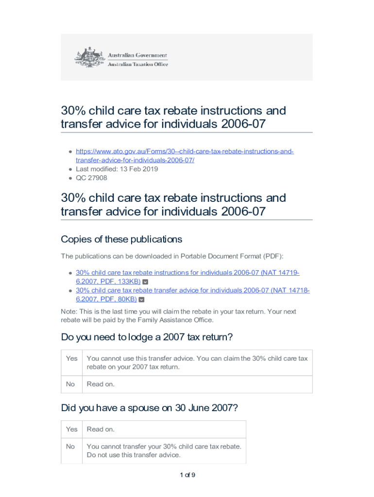Fillable Online 30 child care tax rebate instructions and transfer