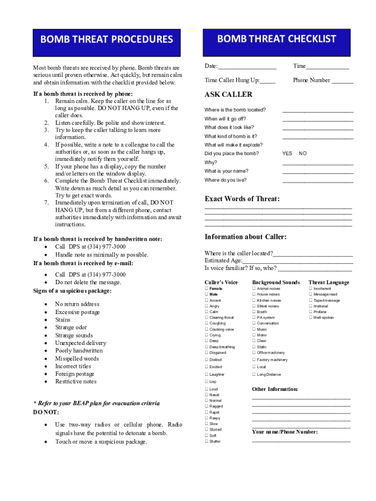 Fillable Online Bomb Threat Checklist NH School Safety Resource