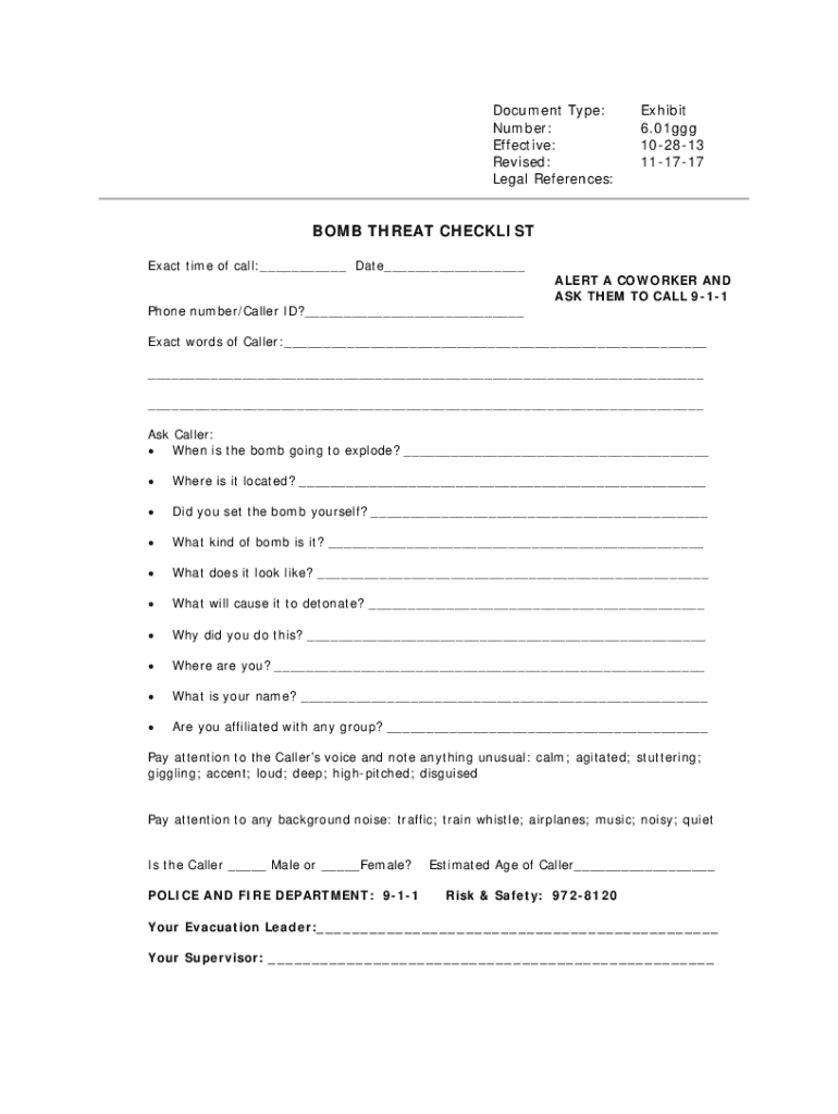 Fillable Online BOMB THREAT CHECKLIST Fax Email Print PdfFiller fillable-online-bomb-threat-checklist-fax-email-print-pdffiller