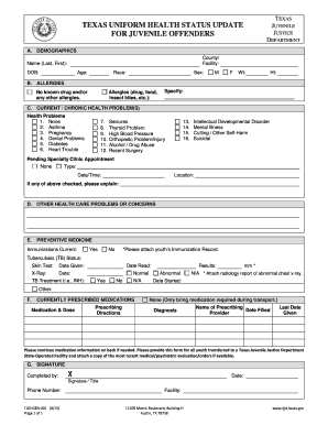 Texas Uniform Health Status Update for Juvenile Offenders