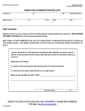 California School Entry Health Exam Waiver