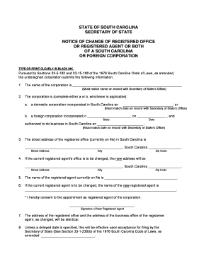South Carolina Registered Office Change Notice