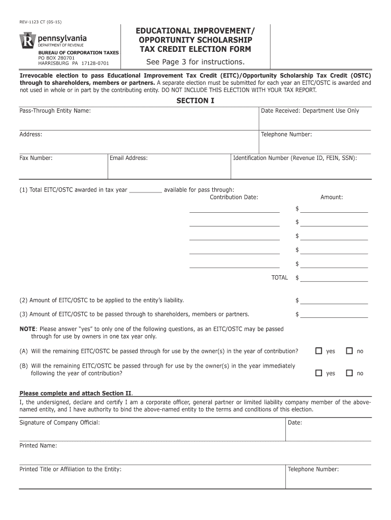 Educational Improvement/Opportunity Scholarship Tax Credit Election Form (REV-1123). Forms/Publications Preview on Page 1